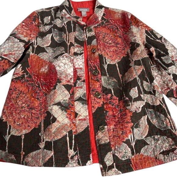 Chico's  Floral lightly quilted Jacket - Red and Brown size Chico’s one/Medium - Picture 3 of 9